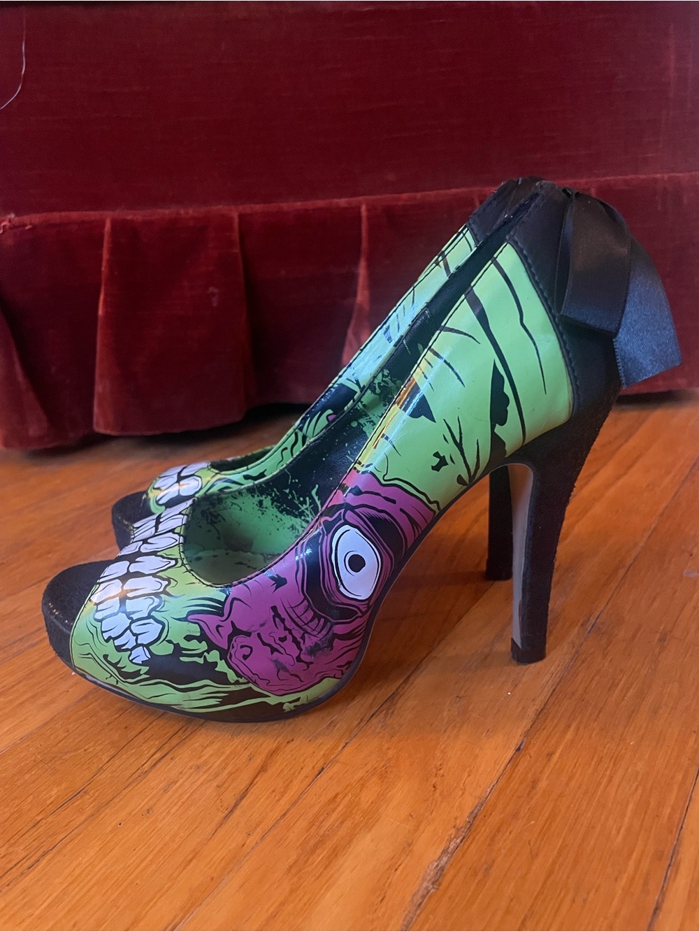 Iron fist Graphic Green & Pink High Heel Peep-Toe Pumps
